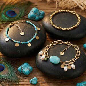 18K Gold Plated Stainless Steel Jade Freshwater Pearl Stackable Bracelet Set